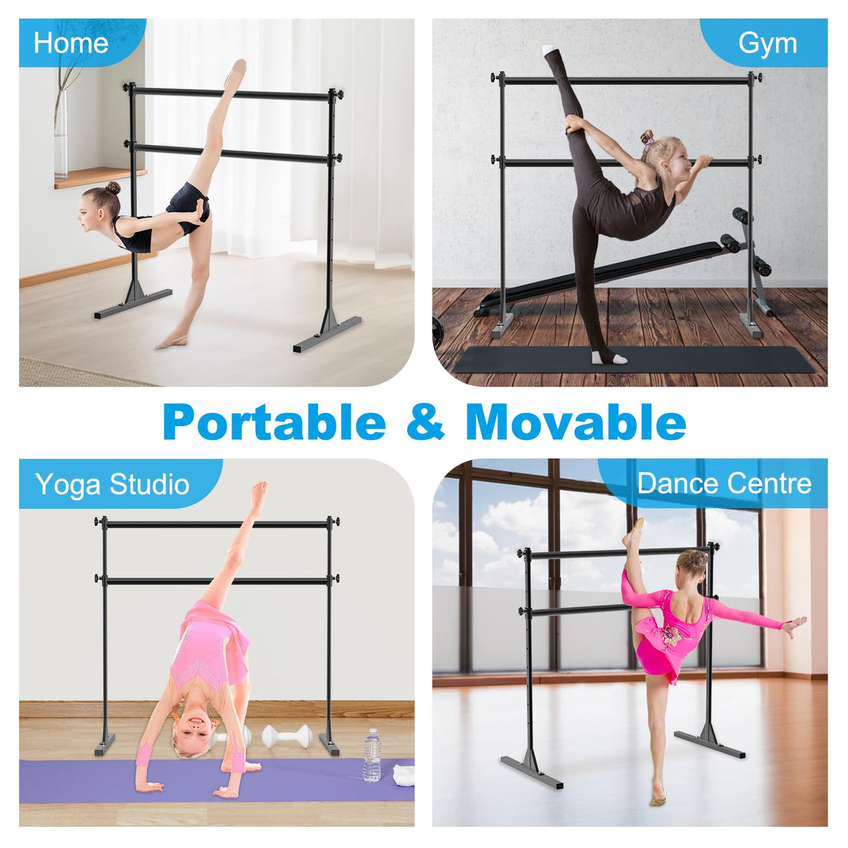 BeneLabel 4FT/5FT/6FT Height Adjustable Freestanding Ballet Barre with Fabric Sleeve Portable Double Ballet Bar 350 lbs Capacity Heavy Duty Dance Barre for Home Workout, Stretch