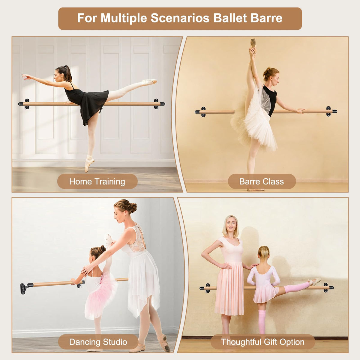 Dolibest Space Saver, Ballet Barre, Wall Mounted Traditional Wood Ballet Barre System Stretch/Dance for Home Barre Workout Equipment, Height Adjustable, for Kids and Adults