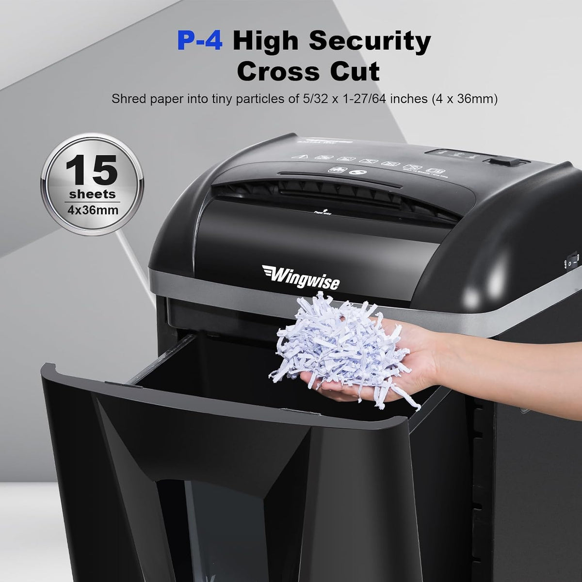 Wingwise Paper Shredder for Home, 15 Sheets Heavy Duty Cross Cut Shredders for Office, P-4, 15 Mins Runtime, 5.8-Gal Bin with Transparent Window, Shreds Credit Cards & CDs, Staples & Paper Clips
