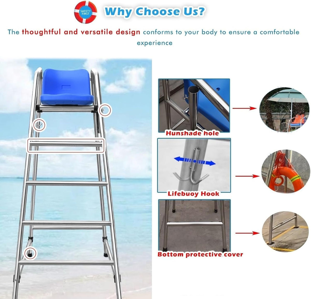 Tall Lifeguard/ Deck Chairs Outdoor, 47' '60'' 71'' High Fade-Resistant Stainless Steel Elevated Life Guard Chair - Loads 330kg, Referee Ladder Stool, Lifesaving Observation Chairs(H-180cm/70in/5.9ft)
