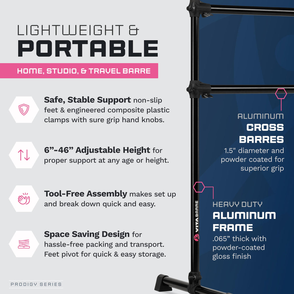 VITA Barre Portable Freestanding Double Ballet Barre, Prodigy, Aluminum | Adjustable Height, USA Made, Home or Gym Exercise Equipment for Kids & Adults | Dance, Fitness, Pilates