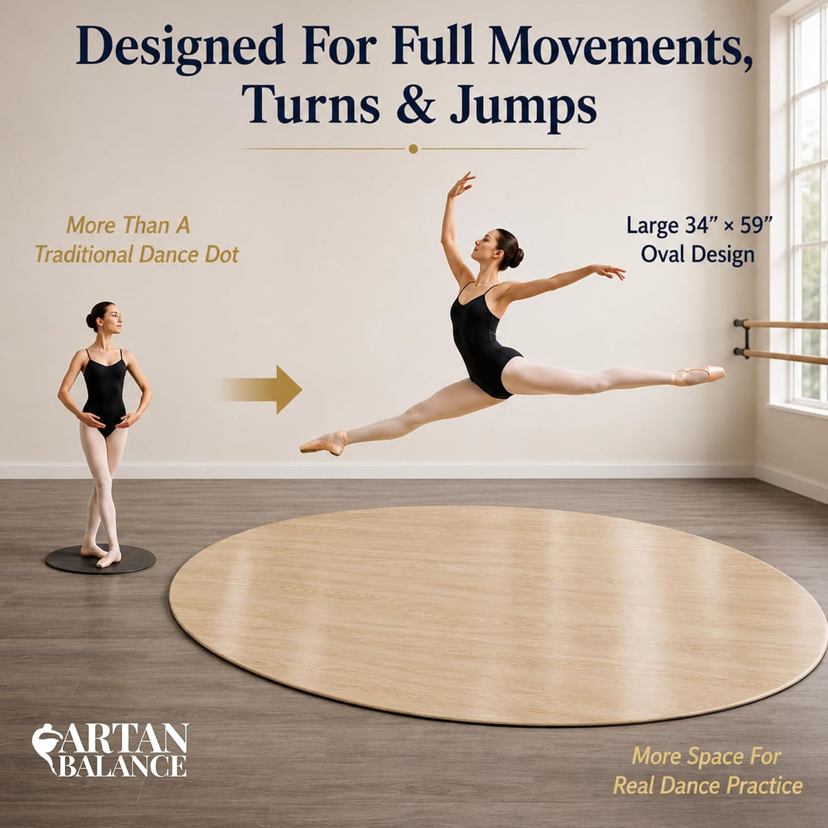 Artan Balance Ballet Barre for Home and Studio Bundle + Portable Marley Dance Floor + Stretching Strap
