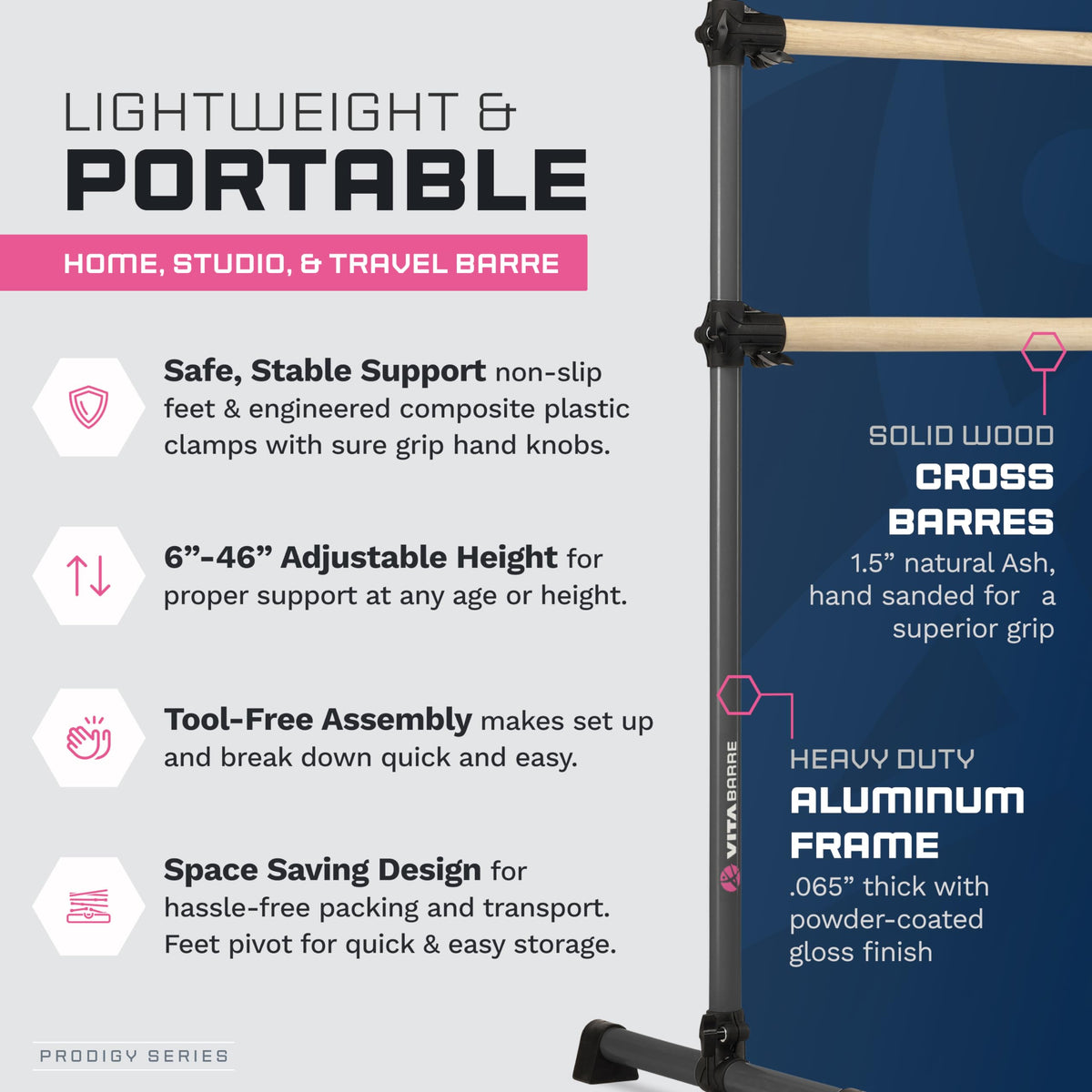 VITA Barre Portable Freestanding Double Ballet Barre, Prodigy, with Carry Bag | Adjustable Height, USA Made, Home or Gym Exercise Equipment for Kids & Adults | Dance, Fitness, Pilates