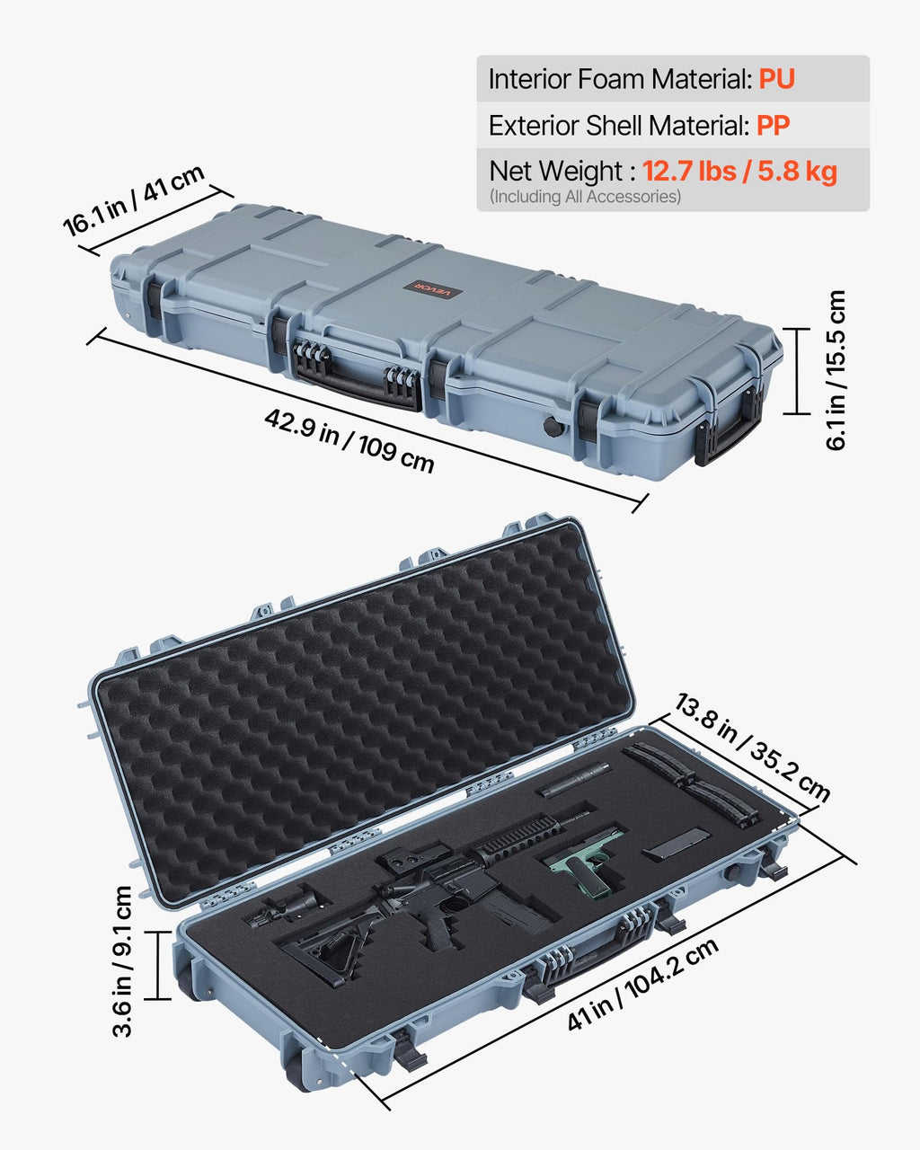 VEVOR Rifle Case, Rifle Hard Case with 4 Layers Fully-protective Foams, Lockable Hard Gun Case with Wheels, IP67 Waterproof & Crushproof, for Rifles or Shotguns