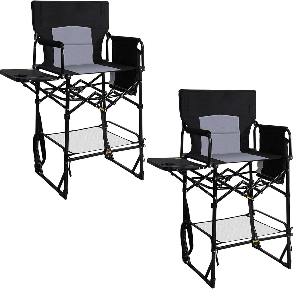 Romswi 2Pcs Extra Tall Portable 30" Seat Height Folding Camping Chair Directors Chair High Foldable Bar Stool with Side Table for Makeup Artist, Sports Event, Craft Show, Supports 400LBS,Black
