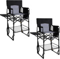 Romswi 2Pcs Extra Tall Portable 30" Seat Height Folding Camping Chair Directors Chair High Foldable Bar Stool with Side Table for Makeup Artist, Sports Event, Craft Show, Supports 400LBS,Black