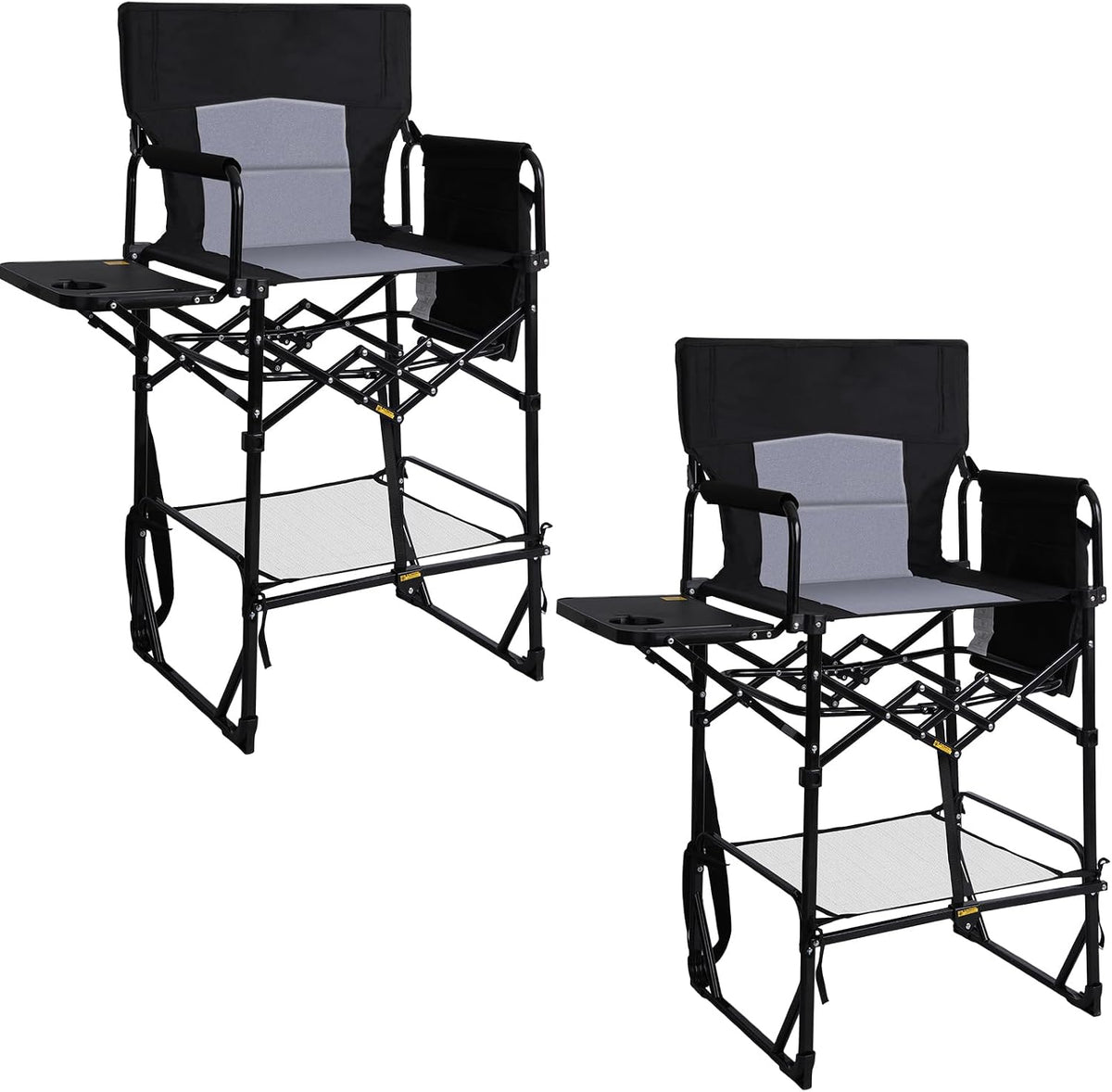 Romswi 2Pcs Extra Tall Portable 30" Seat Height Folding Camping Chair Directors Chair High Foldable Bar Stool with Side Table for Makeup Artist, Sports Event, Craft Show, Supports 400LBS,Black