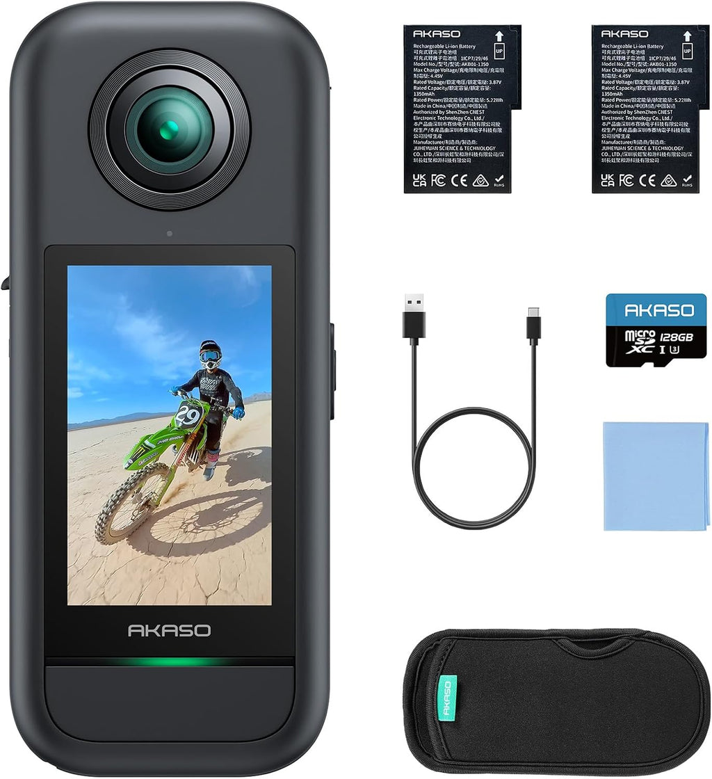 AKASO 360 Action Camera Standard Combo- 5.7K 360 Video with 1/2" 48MP Sensors, 72MP 360 Photo, 360-SuperSmooth, Invisible Selfie Stick Effect, 360Â° Horizon Lock, AI Tracking with 128GB MicroSD Card