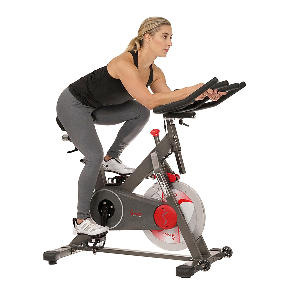 Sunny Health & Fitness Magnetic Exercise Bike, 44LB Flywheel & 300LB Weight Capacity for Intensive Home Workout, Indoor Cardio Training w/4-Way Adjustable Seat, Optional Free SunnyFit App Connection