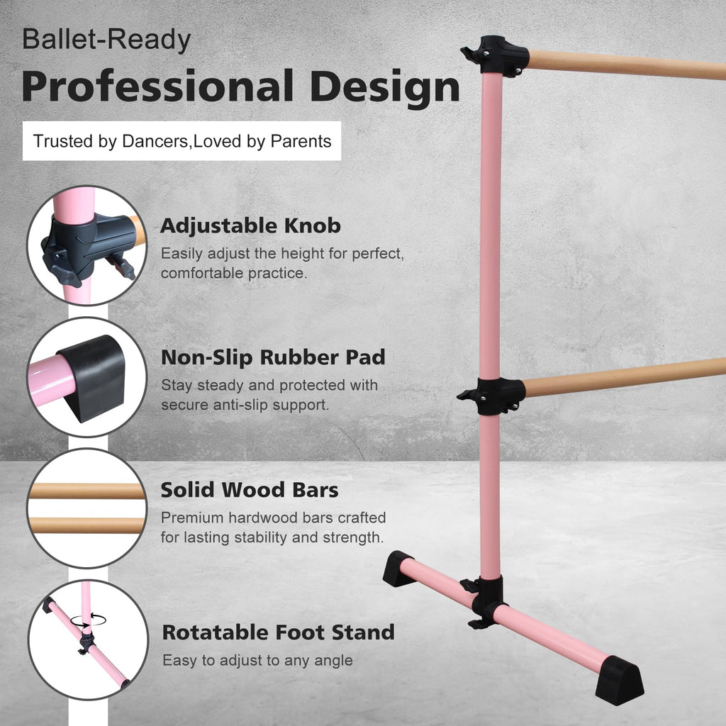 4FT/6FT Height Adjustable Double Ballet Barre, Freestanding Portable Stretching Dance Bar for Home, Heavy Duty Exercise Equipment for Kids & Adults with Anti-Slip Rubber Pads