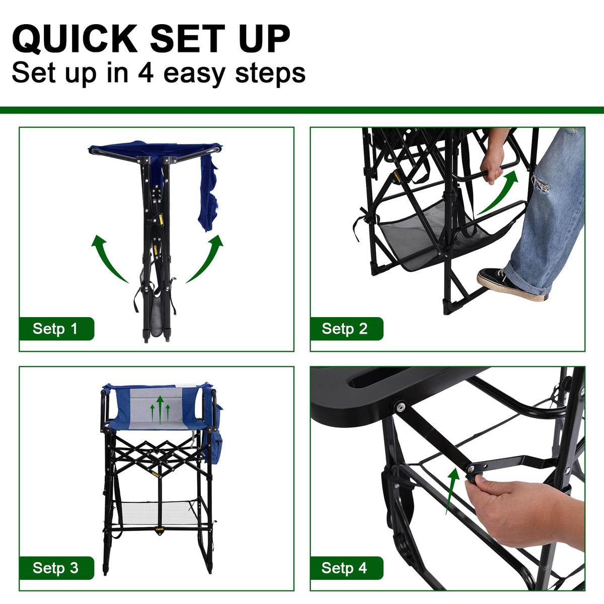 2 Pack Tall Directors Chair 30.7" Seat Height, Heavy Duty Folding Makeup Artist Chair with Side Table, Cup Holder & Storage Pocket, Portable High Camping Bar Stool Supports 400lbs, Black/Grey
