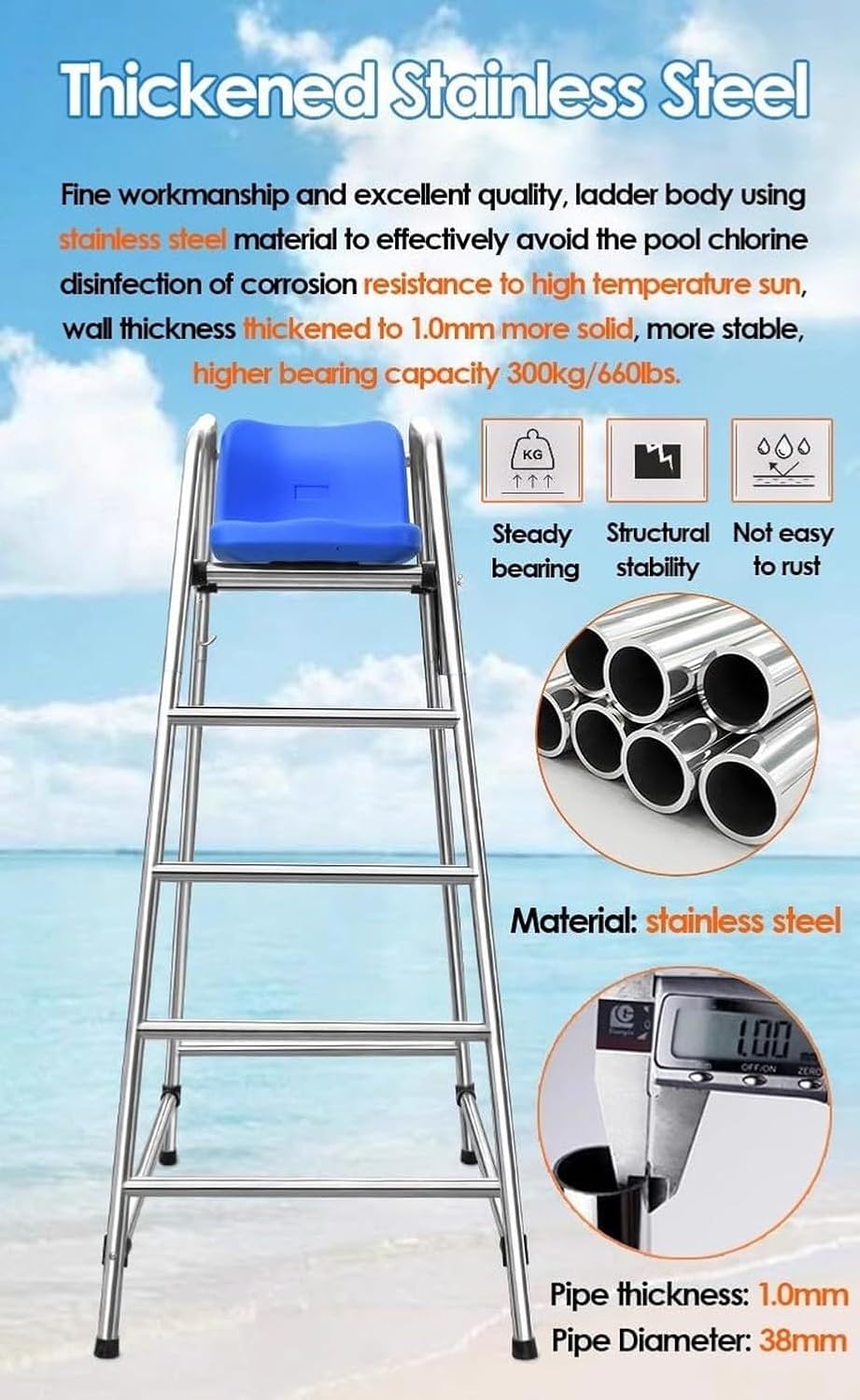 Outdoor 180cm Tall Stainless Steel Referee Chair Stand for Volleyball Tennis Life Guard Deck Seat 71in Extra High Pool Patio Beach Official Chair w/Comfortable, Blue, 120cm/47.2in/3.9ft high