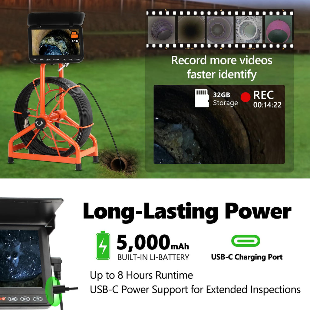 [ChoosePROÂ®] HD1080P Sewer Camera 7'' w/1s Twist-Unlock System, DVR-32GB, 0.64'' Thicker Reel, 5000mAh 100FT Marked Cable, Plumbing Pipe Inspection Camera for Drain & Sewer Inspection