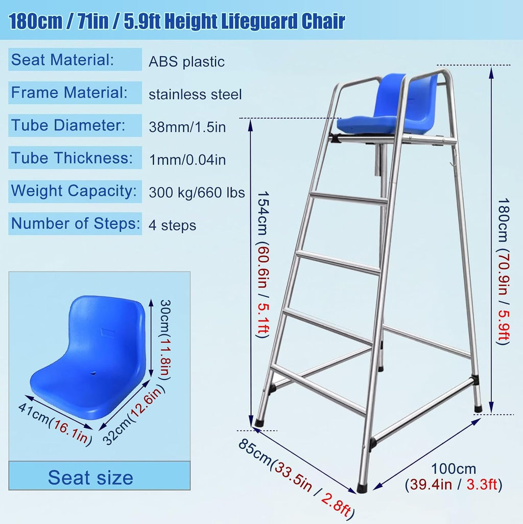 Beach Sandy Tennis/Volleyball Referee Stand Chair, 304 Stainless Steel Lifeguard Chair W/Comfortable Seat & Umbrella, Portable 1.2 1.5 1.8 M Tall Life Guard Deck Chairs/Bar Stool(70in/5.9ft/1.8m)