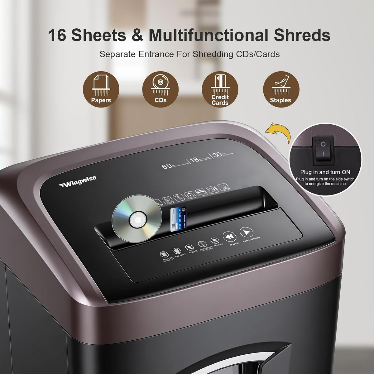 Wingwise 16 Sheets Micro Cut Paper Shredder Heavy Duty for Home Office