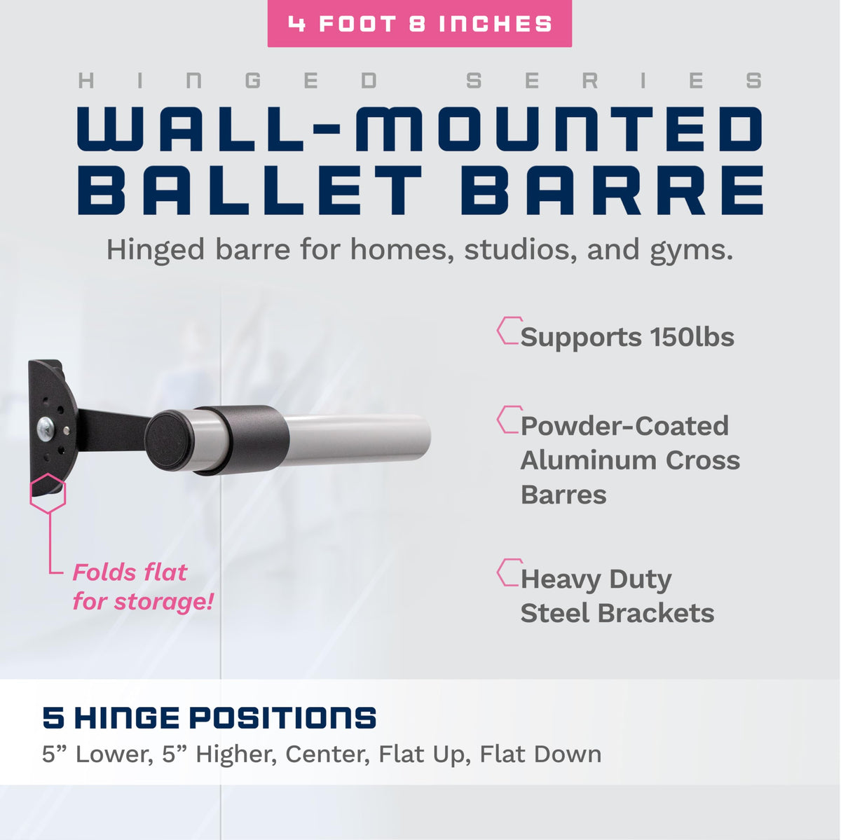 VITA Barre Wall-Mounted Single Ballet Barre, Traditional, Wood and Aluminum | Hinged Height, Made in USA, Home, Studio or Gym Exercise Equipment for Kids & Adults | Dance, Fitness, Pilates