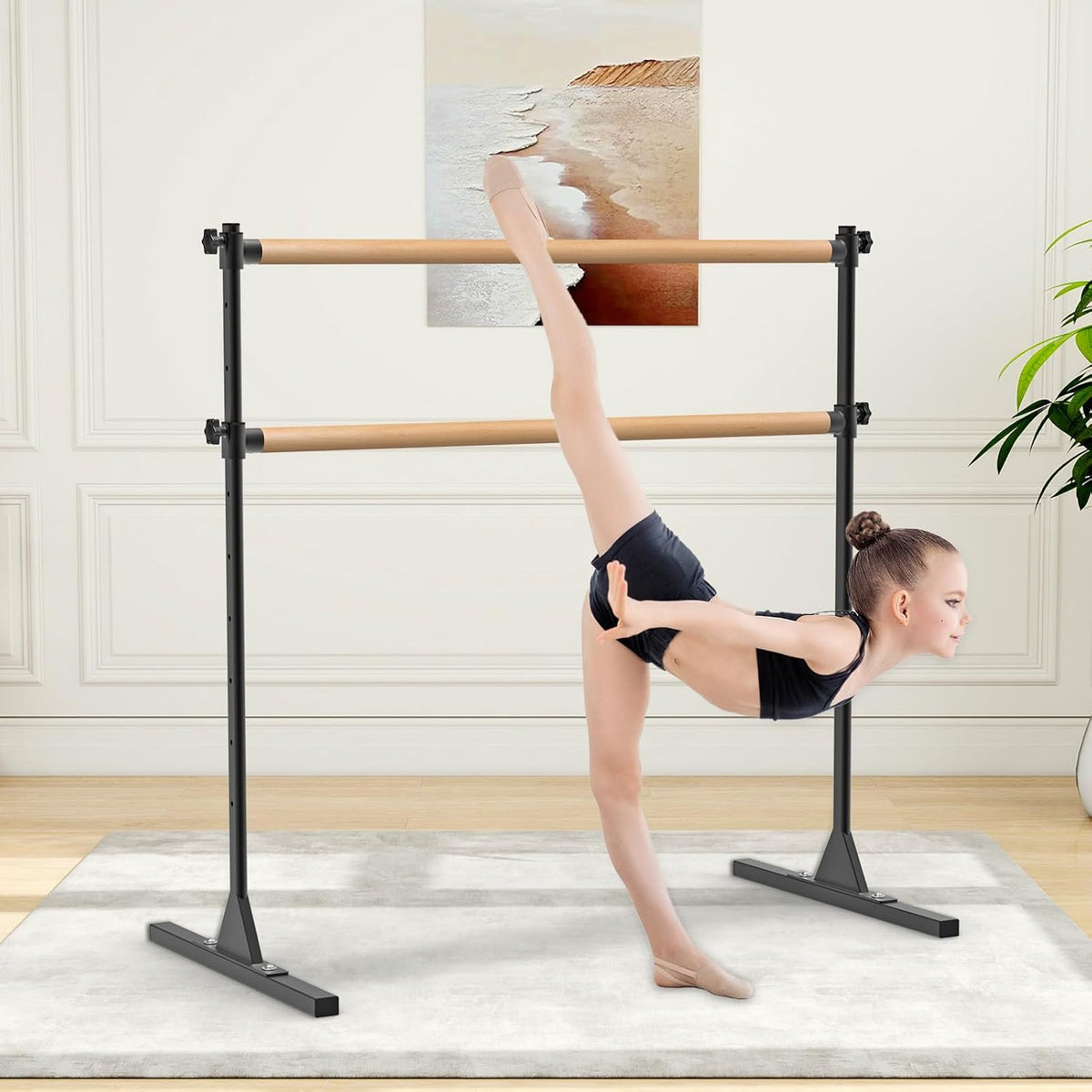 BeneLabel 4FT/5FT/6FT Height Adjustable Freestanding Ballet Barre with Fabric Sleeve Portable Double Ballet Bar 350 lbs Capacity Heavy Duty Dance Barre for Home Workout, Stretch