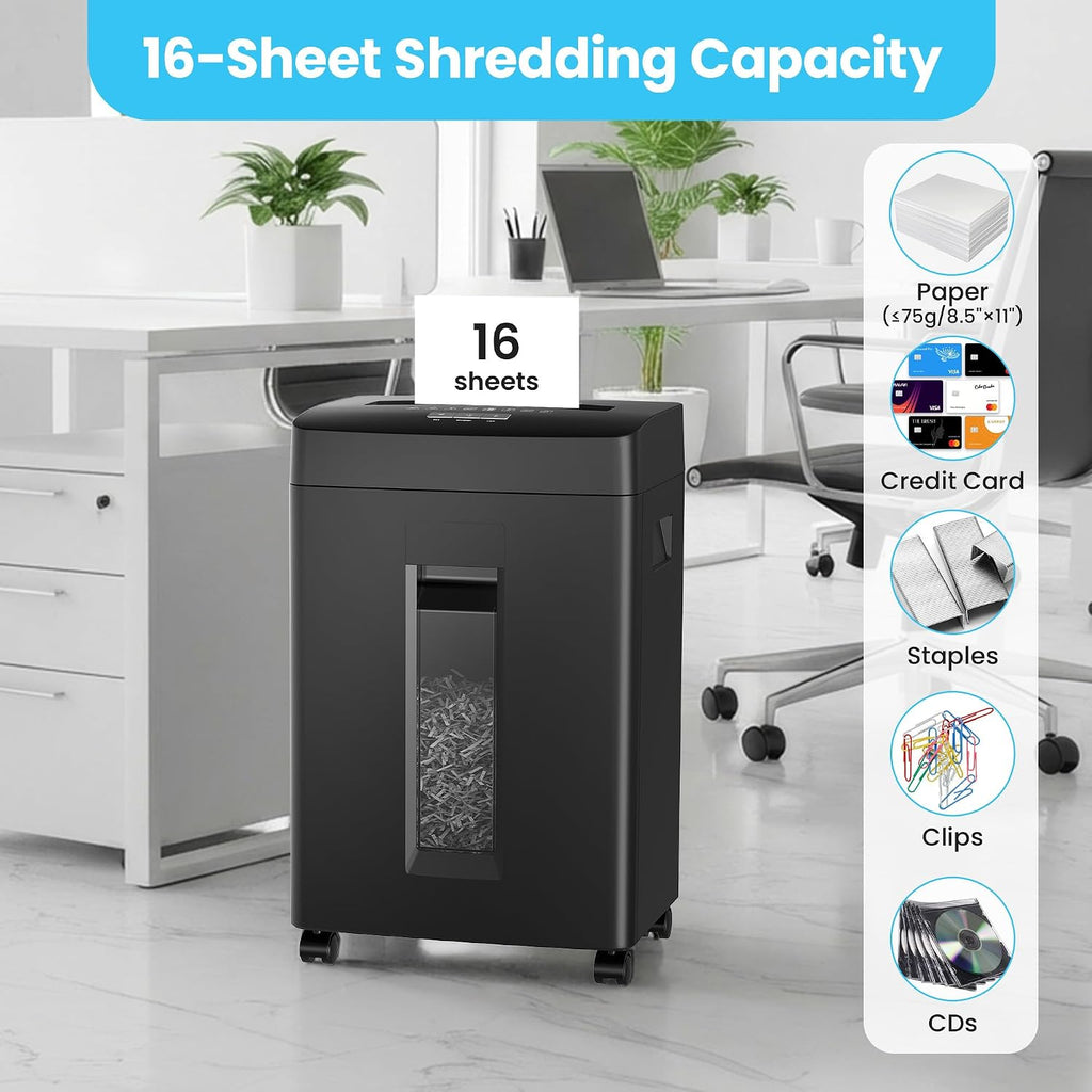 Locksworth 16-Sheet Cross Cut Paper Shredder, 6 Gallon Heavy Duty Commercial Shredder for Home Office, P-4 High Security Shredders for Paper/CD/Credit Card/Staple/Clip, 60 Mins Continuous Running