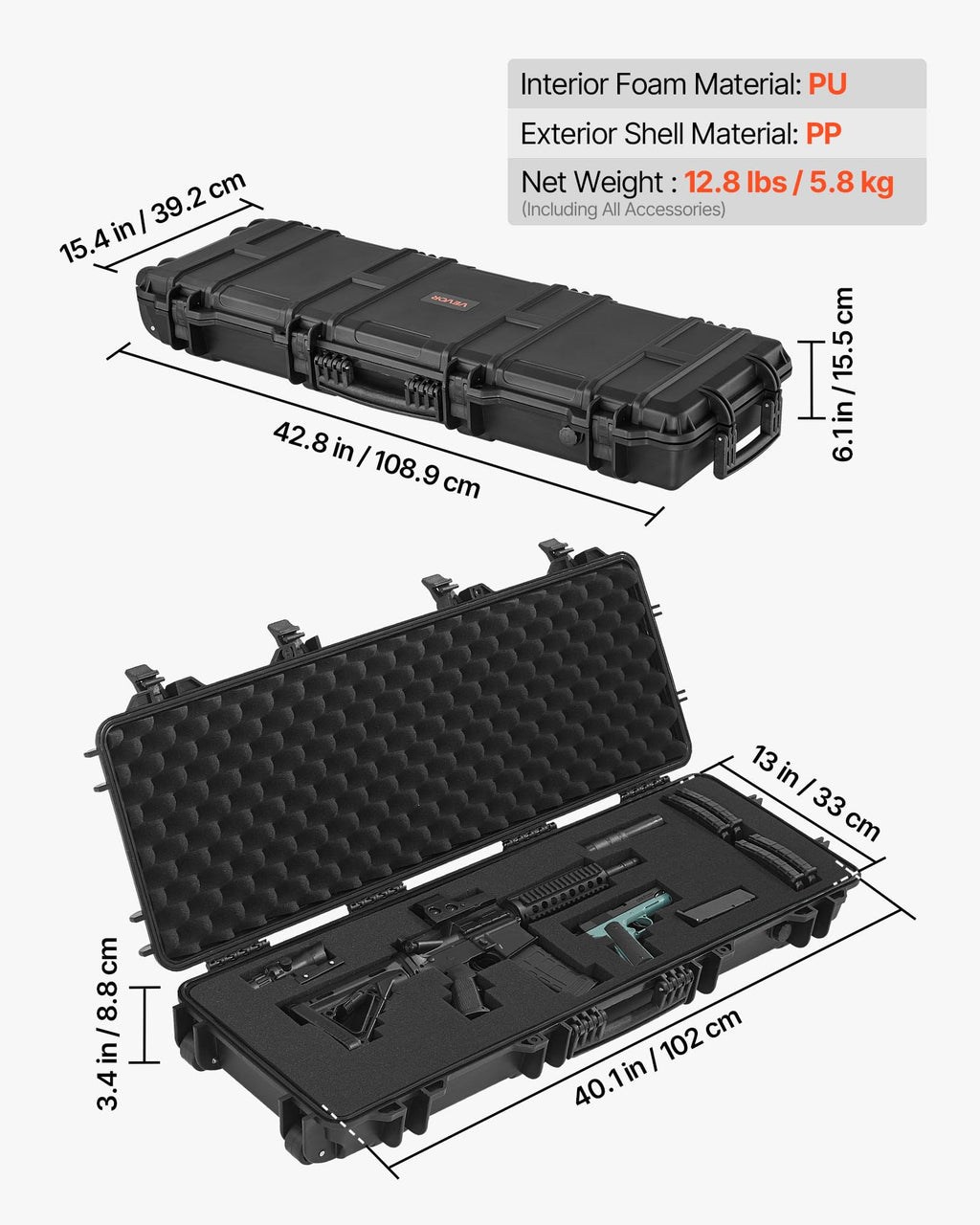 VEVOR Rifle Case, Rifle Hard Case with 4 Layers Fully-protective Foams, Lockable Hard Gun Case with Wheels, IP67 Waterproof & Crushproof, for Rifles or Shotguns
