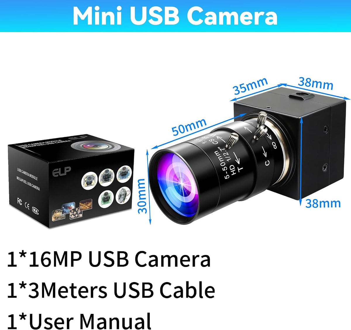 ELP 16MP Wide Angle USB Camera 5-50mm 10X Zoom Webcam for Raspberry Pi 4K Web Camera for Computer Mini UVC USB2.0 PC Variable Focus Web Cam IMX298 Industrial Lightburn Cameras for Laptop,Jetson Nano