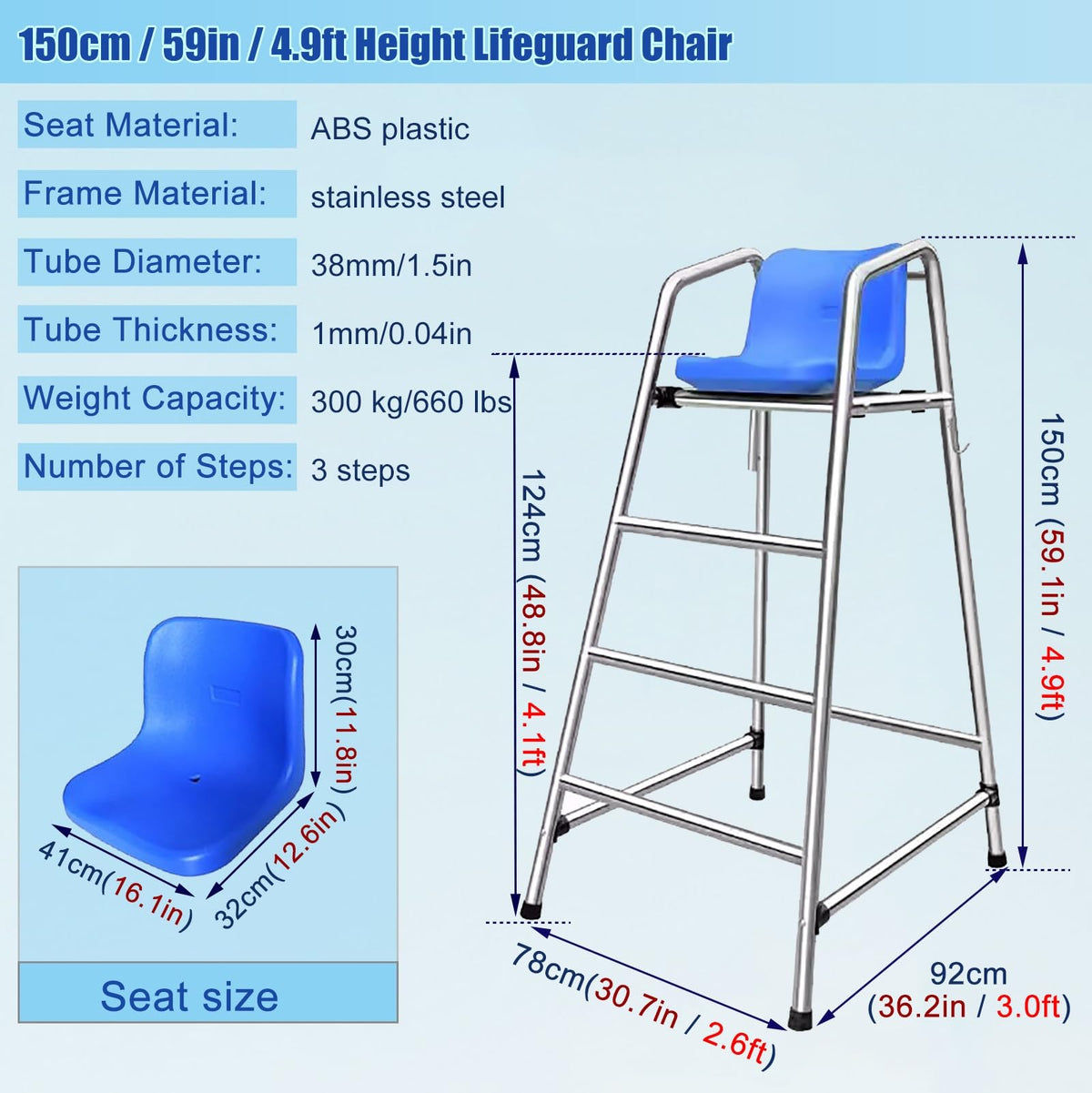 Beach Sandy Tennis/Volleyball Referee Stand Chair, 304 Stainless Steel Lifeguard Chair W/Comfortable Seat & Umbrella, Portable 1.2 1.5 1.8 M Tall Life Guard Deck Chairs/Bar Stool(70in/5.9ft/1.8m)