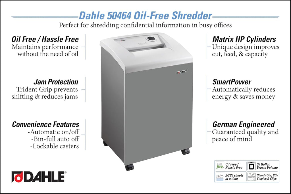 Dahle 50464 Paper Shredder, Cross Cut, P-4 Security, German Engineered, Jam Protection, Oil Free, SmartPower, Shreds CDs, 24 Sheet Max, 30 Gal Bin