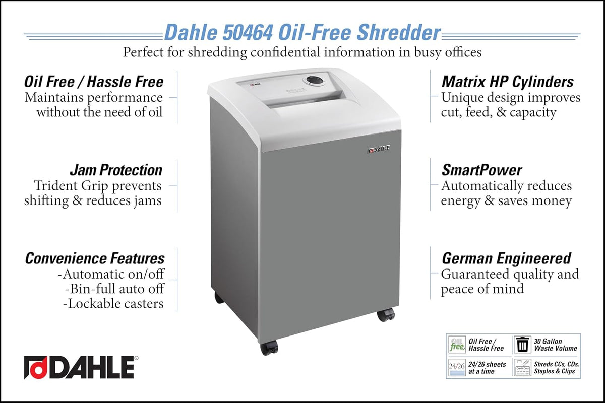 Dahle 50464 Paper Shredder, Cross Cut, P-4 Security, German Engineered, Jam Protection, Oil Free, SmartPower, Shreds CDs, 24 Sheet Max, 30 Gal Bin