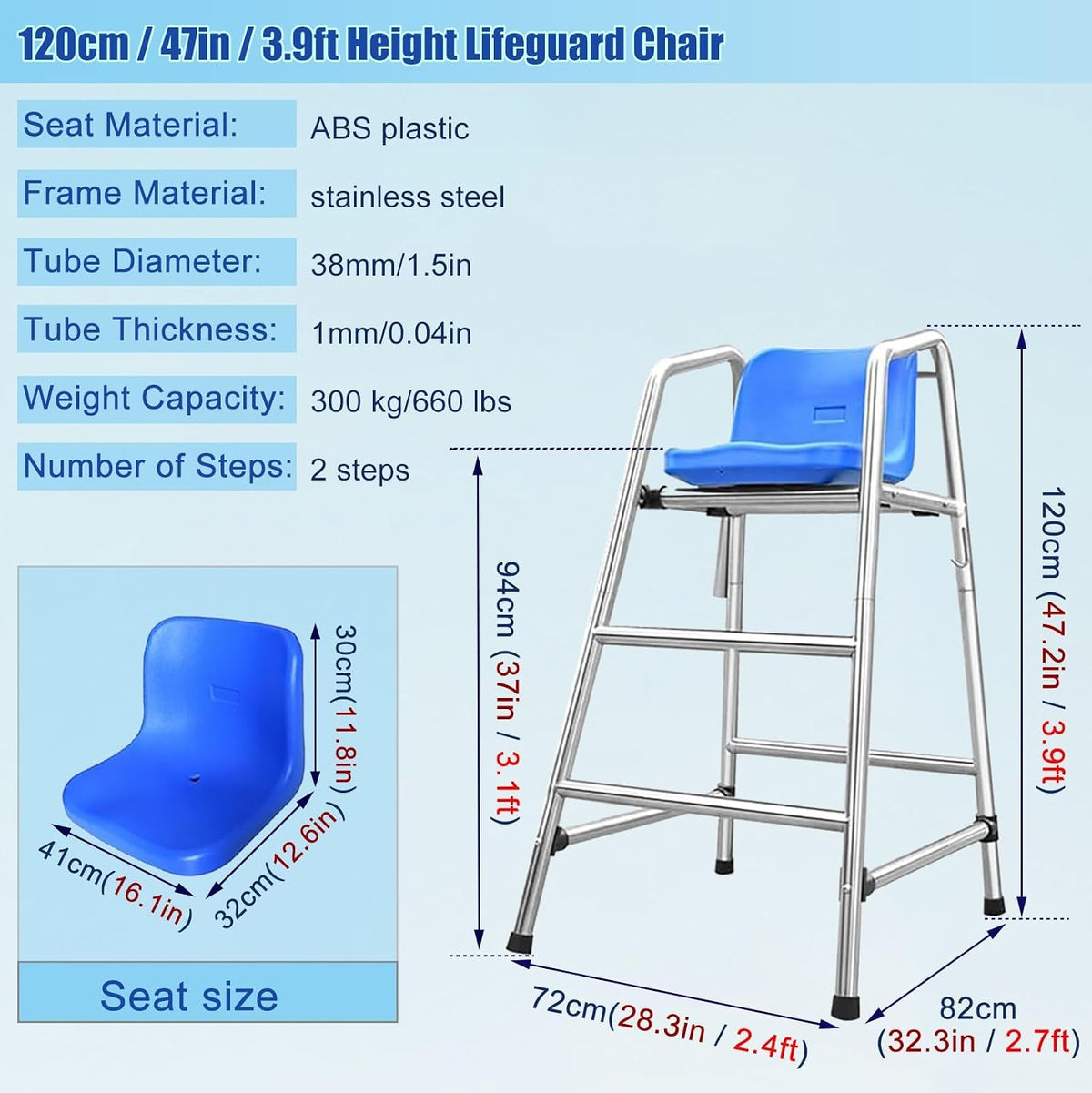 Competition Referee Stand Chair Outdoor, High Lifeguard Chair with Umbrella/Comfortable Seat, Floor Standing Heavy Duty Lifesaving Observation Chair for Gymnasiums(1.2m/3.9ft/47in)
