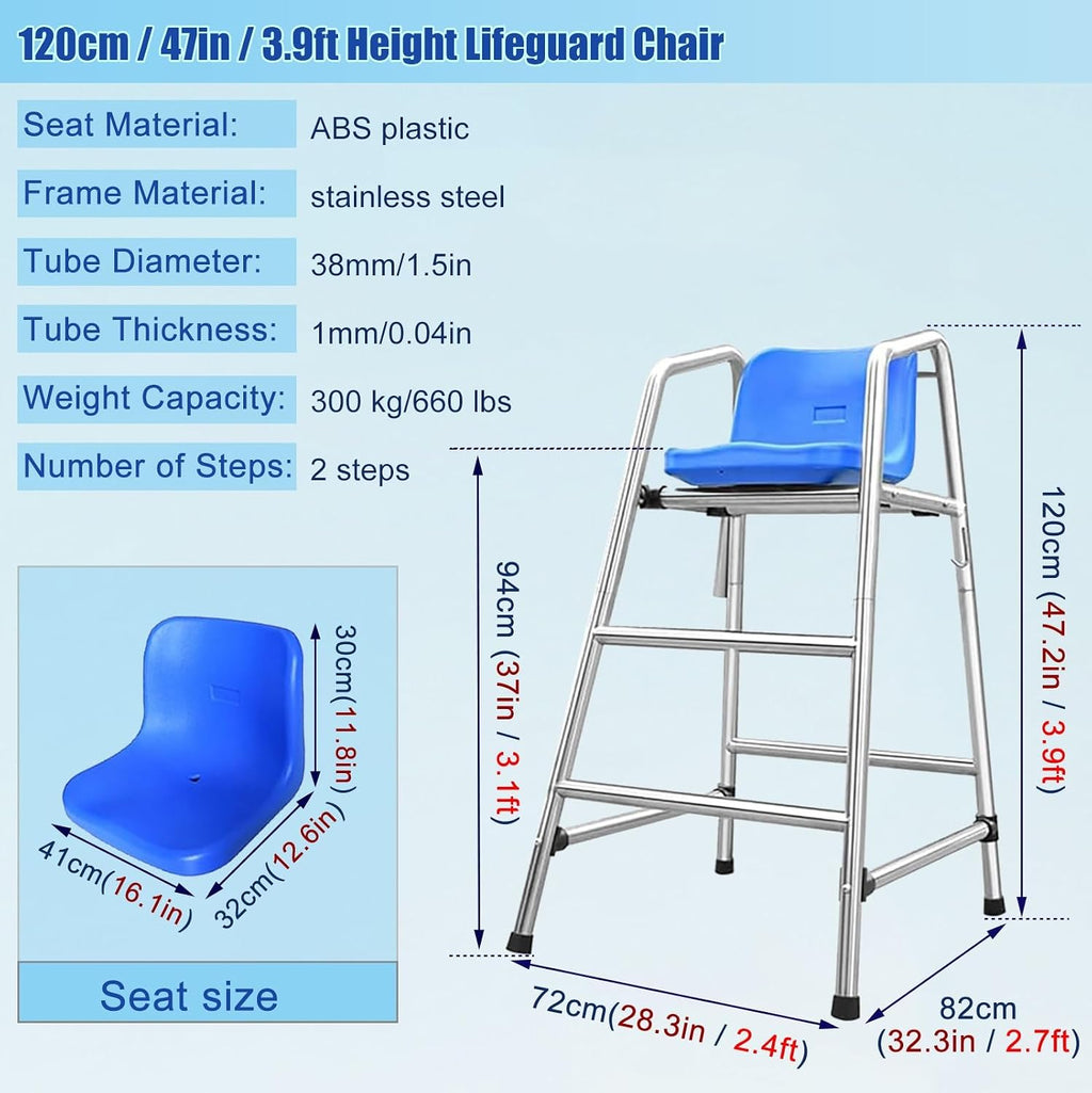 304 Stainless Steel Lifeguard Chair W/Comfortable Seat & Umbrella, Beach Sandy Tennis/Volleyball Referee Stand Chair, Portable Tall Life Guard Deck Chairs/Bar Stool(47in/3.9ft/1.2m)