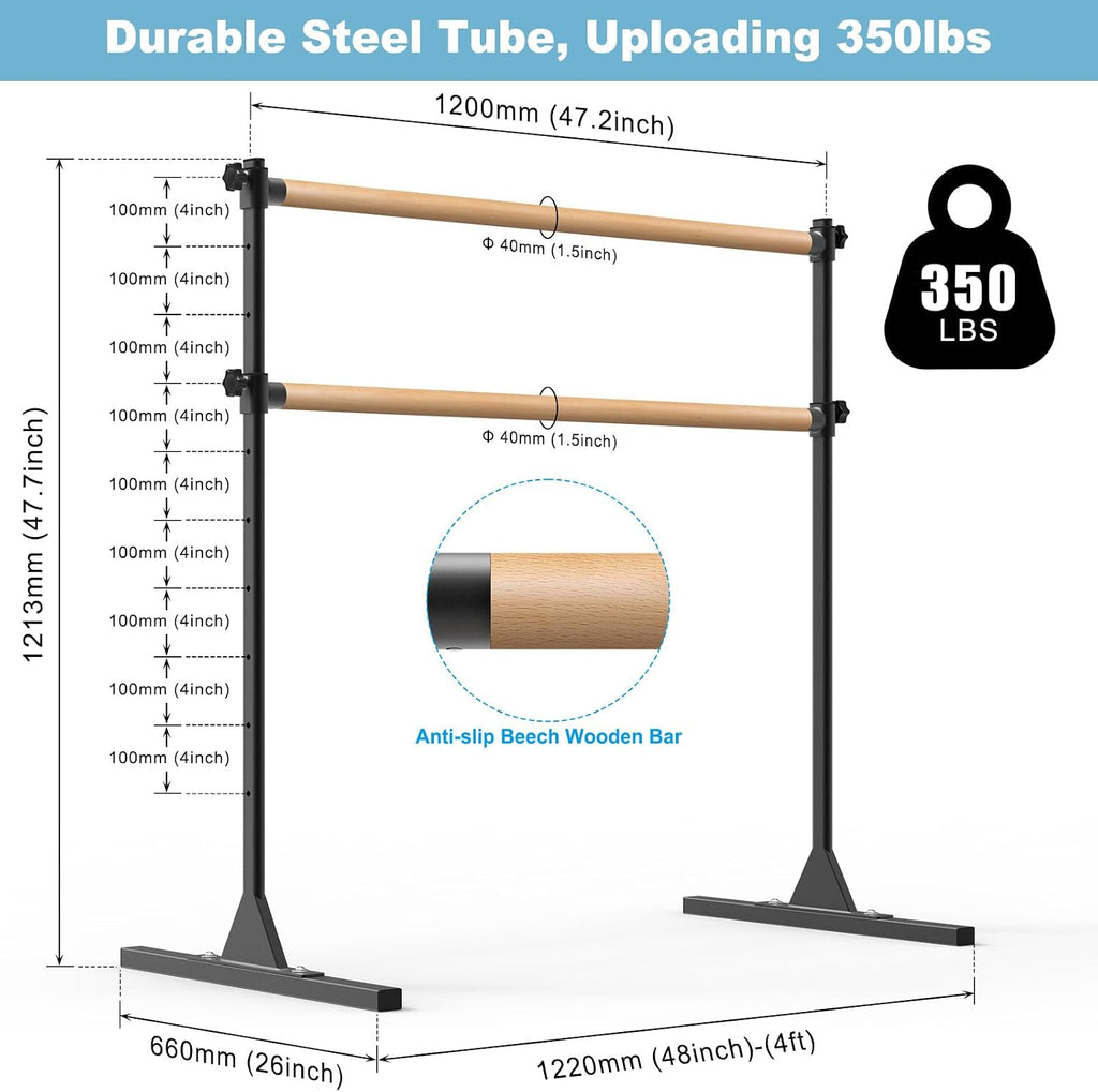 BeneLabel 4FT/5FT/6FT Height Adjustable Freestanding Ballet Barre with Fabric Sleeve Portable Double Ballet Bar 350 lbs Capacity Heavy Duty Dance Barre for Home Workout, Stretch