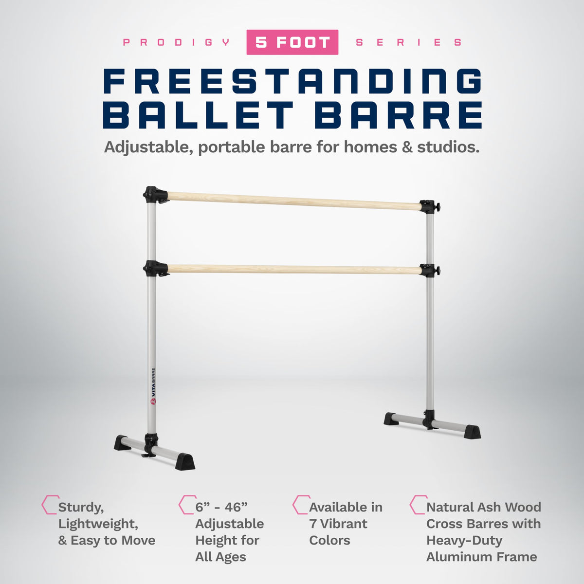 VITA Barre Portable Freestanding Double Ballet Barre, Prodigy, Wood | Adjustable Height, USA Made, Home or Gym Exercise Equipment for Kids & Adults | Dance, Fitness, Pilates