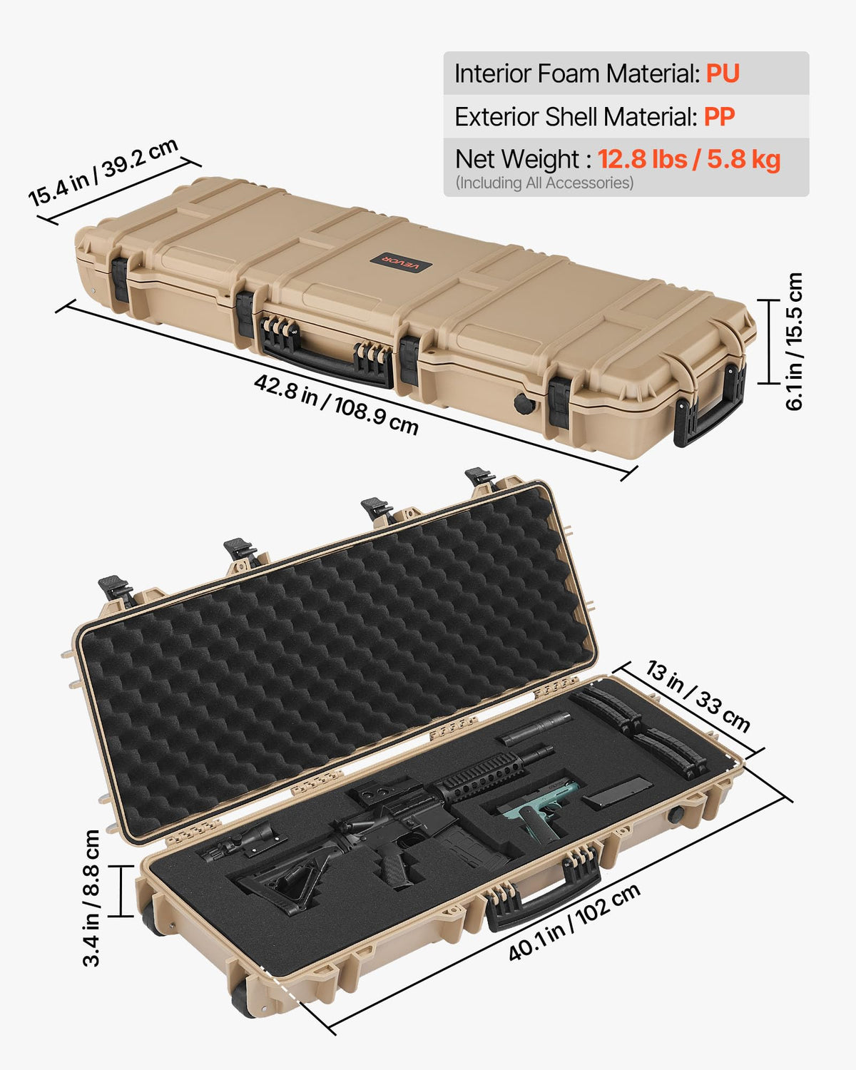VEVOR Rifle Case, Rifle Hard Case with 4 Layers Fully-protective Foams, Lockable Hard Gun Case with Wheels, IP67 Waterproof & Crushproof, for Rifles or Shotguns