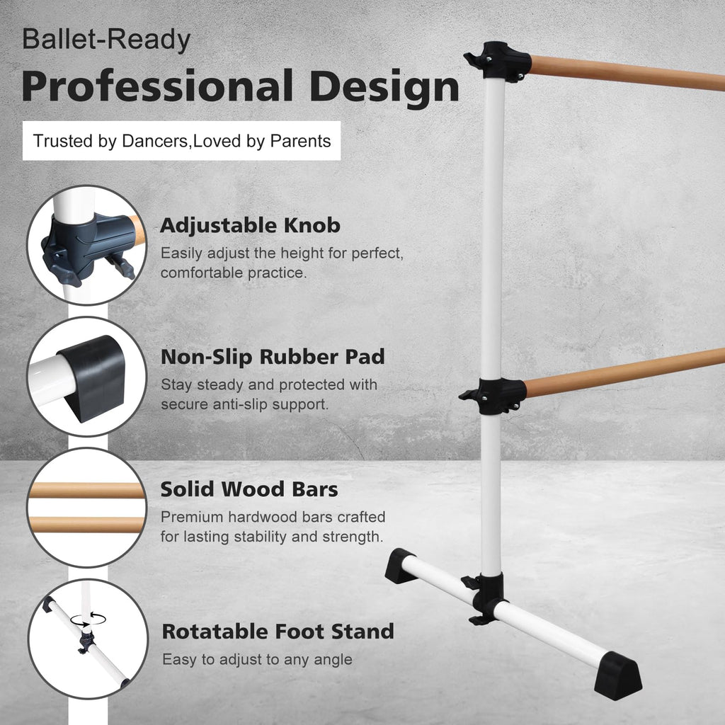 4FT/6FT Height Adjustable Double Ballet Barre, Freestanding Portable Stretching Dance Bar for Home, Heavy Duty Exercise Equipment for Kids & Adults with Anti-Slip Rubber Pads