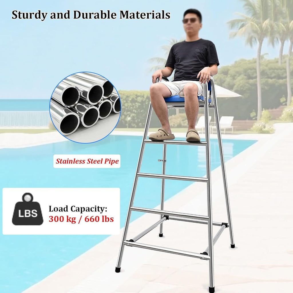 Stainless Steel Lifeguard Chair, 190cm Elevated Vantage Point Pool Chair with Parasol Socket, Lifebuoy Hooks, Lifesaving Observation Chairs for Outdoor Use