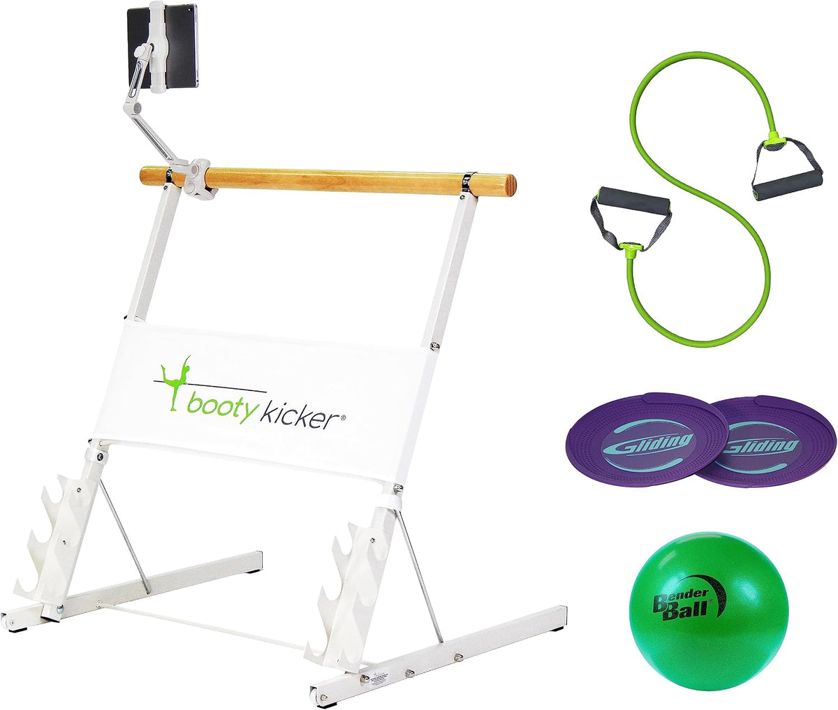 Booty Kicker Portable Ballet Barre Bundle with Tablet Holder, Bender Ball, Gliding Discs, Exercise Band | Perfect for Barre, Ballet & Dance Workouts At Home