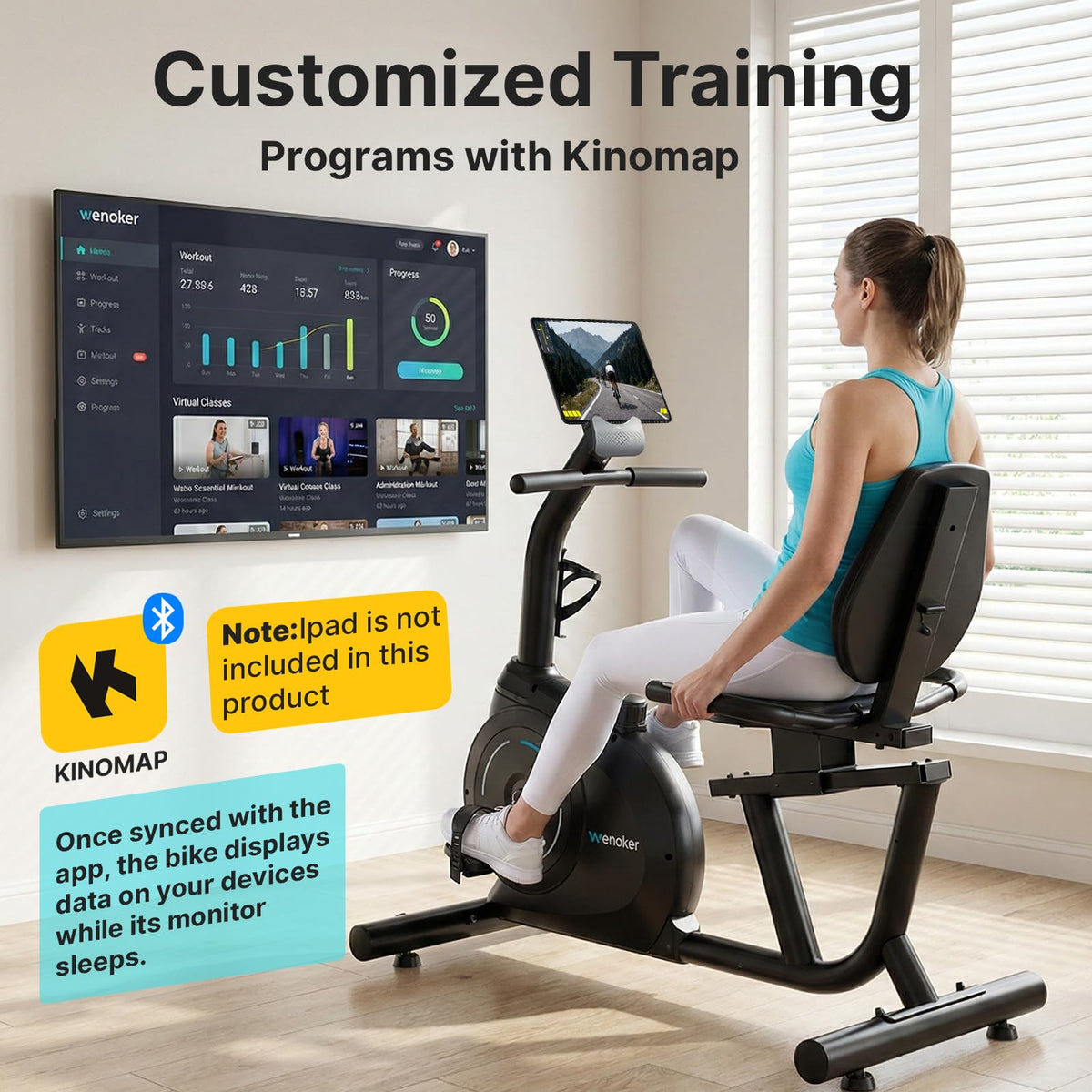 Wenoker Recumbent Exercise Bike for Home, Quiet Magnetic Stationary Bike with Bluetooth APP Connectivity, 15-Level Magnetic Resistance, Adjustable Seat, LCD Monitor, Indoor Cycling Bike, 350 LB Capacity