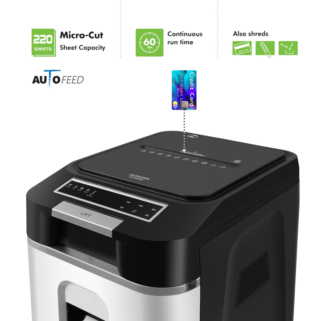 Aurora High Security AU110MB 110-Sheet Auto Feed Micro-Cut Paper and Credit Card Shredder with 4 Gallon Pullout Basket / 30 Minutes/Security Level P-4 (White/Black)