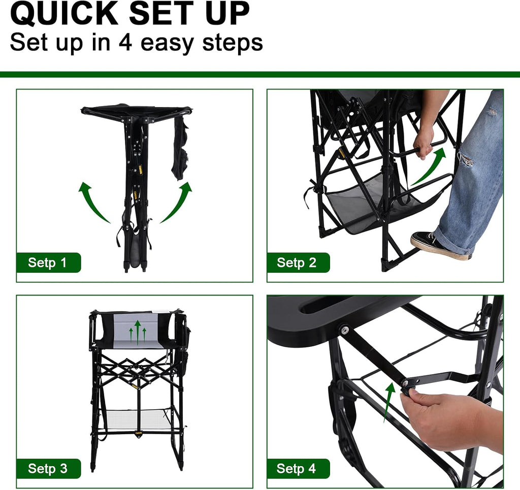 2 Pack Tall Directors Chair 30.7" Seat Height, Heavy Duty Folding Makeup Artist Chair with Side Table, Cup Holder & Storage Pocket, Portable High Camping Bar Stool Supports 400lbs, Black/Grey