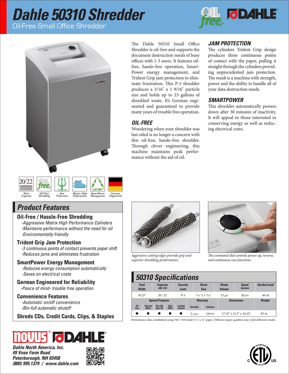 Dahle 52214 Paper Shredder, Cross Cut, P-4 | O-3 Security, German Engineered, Jam Protection, Oil Free, SmartPower, Shreds CDs, 20 Sheet Max, 11 Gal Bin