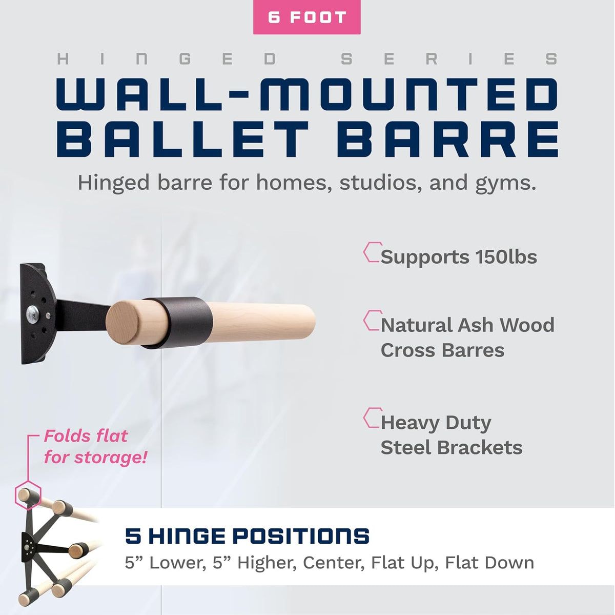 VITA Barre Wall-Mounted Single Ballet Barre, Traditional, Wood and Aluminum | Hinged Height, Made in USA, Home, Studio or Gym Exercise Equipment for Kids & Adults | Dance, Fitness, Pilates
