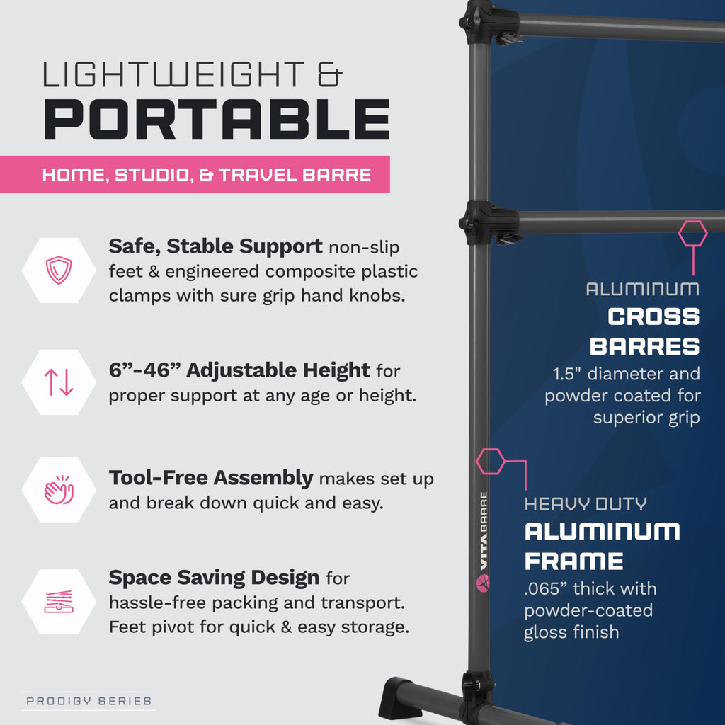 VITA Barre Portable Freestanding Double Ballet Barre, Prodigy, with Carry Bag | Adjustable Height, USA Made, Home or Gym Exercise Equipment for Kids & Adults | Dance, Fitness, Pilates