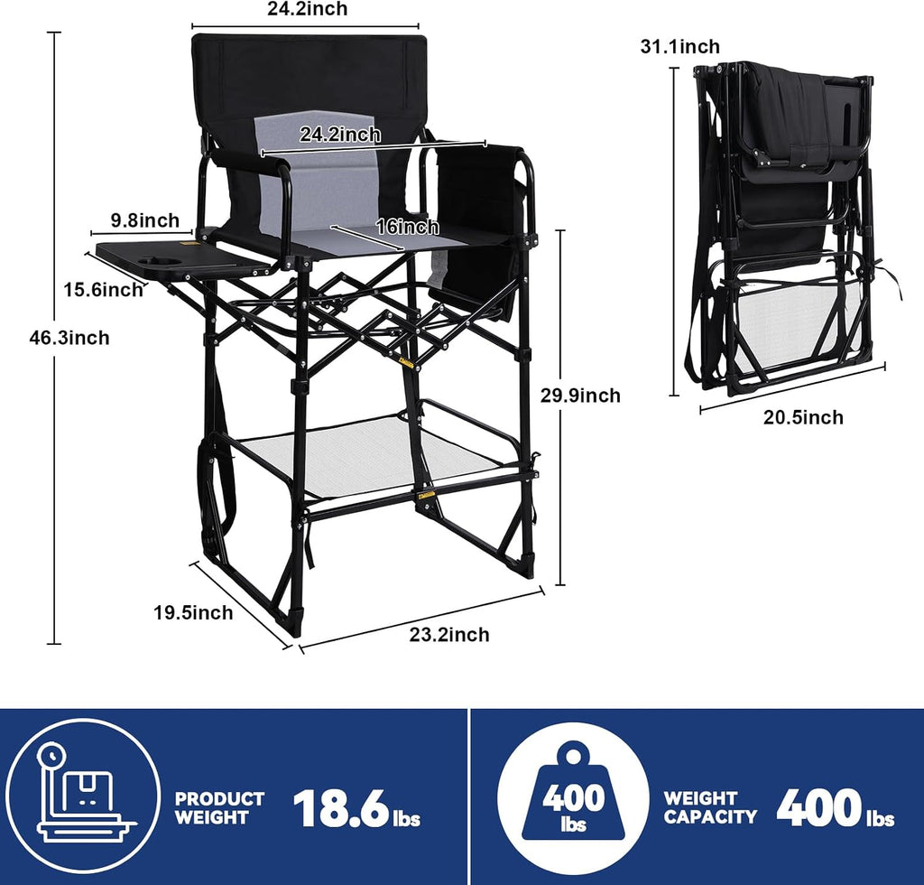 Romswi 2Pcs Extra Tall Portable 30" Seat Height Folding Camping Chair Directors Chair High Foldable Bar Stool with Side Table for Makeup Artist, Sports Event, Craft Show, Supports 400LBS,Black