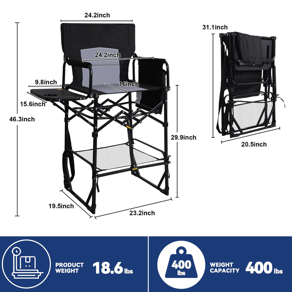 Romswi 2 Pack 30" Extra Tall Folding Camping Chairs, Heavy Duty Director Chairs with Side Table, Cup Holder & Storage Pocket, 400 LBS Support, Portable Outdoor Chairs for Camping, Sports, Events, Blue