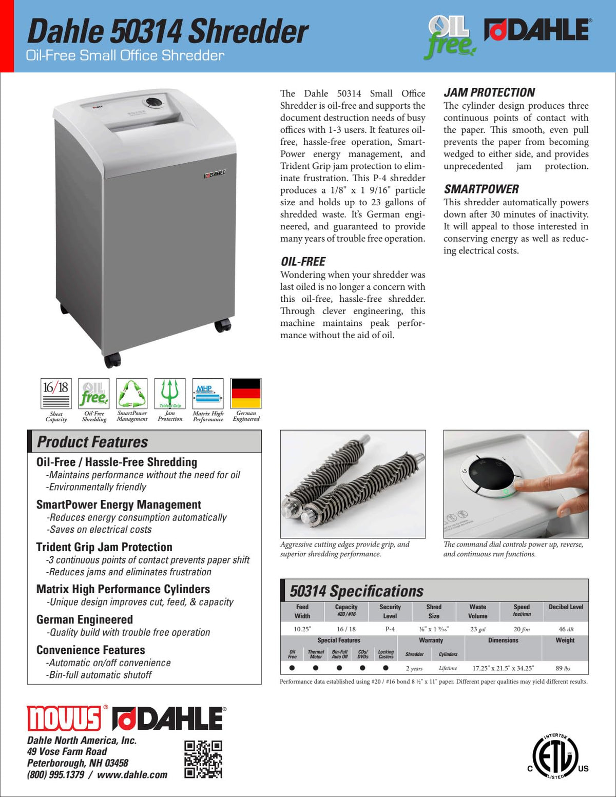 Dahle 52214 Paper Shredder, Cross Cut, P-4 | O-3 Security, German Engineered, Jam Protection, Oil Free, SmartPower, Shreds CDs, 20 Sheet Max, 11 Gal Bin