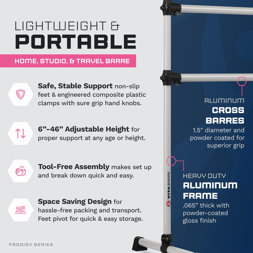 VITA Barre Portable Freestanding Double Ballet Barre, Prodigy, Aluminum | Adjustable Height, USA Made, Home or Gym Exercise Equipment for Kids & Adults | Dance, Fitness, Pilates