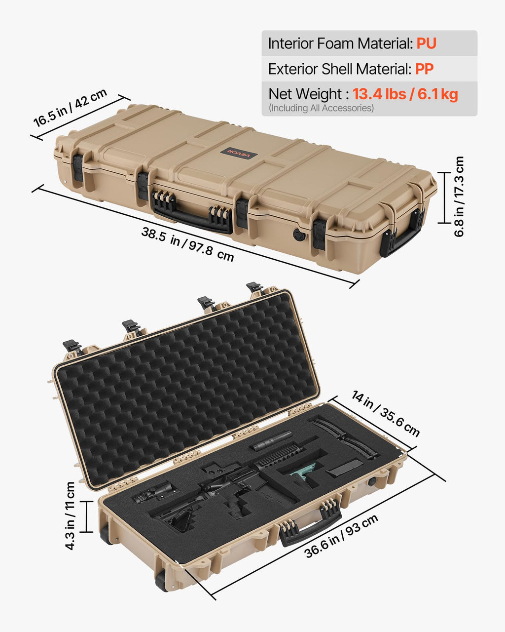 VEVOR Rifle Case, Rifle Hard Case with 4 Layers Fully-protective Foams, Lockable Hard Gun Case with Wheels, IP67 Waterproof & Crushproof, for Rifles or Shotguns