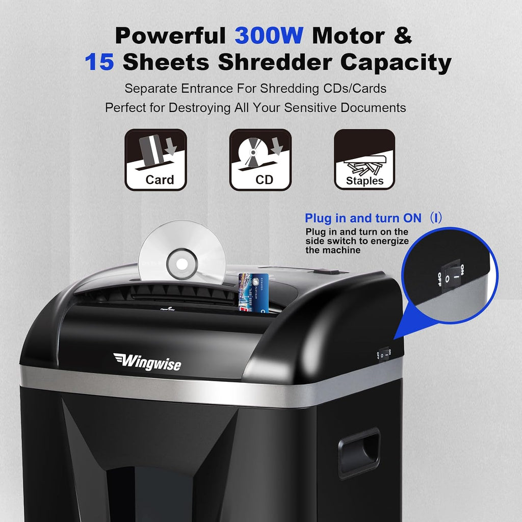 Wingwise Paper Shredder for Home, 15 Sheets Heavy Duty Cross Cut Shredders for Office, P-4, 15 Mins Runtime, 5.8-Gal Bin with Transparent Window, Shreds Credit Cards & CDs, Staples & Paper Clips