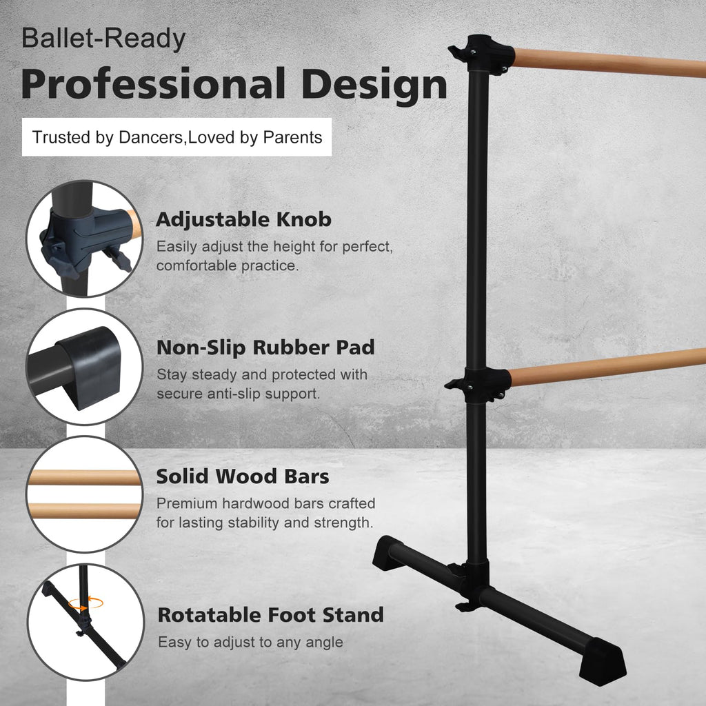 4FT/6FT Height Adjustable Double Ballet Barre, Freestanding Portable Stretching Dance Bar for Home, Heavy Duty Exercise Equipment for Kids & Adults with Anti-Slip Rubber Pads