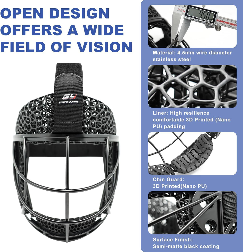 GY Field Hockey Face Mask Men/Women/Youth with 4.5mm 304 Stainless Steel | Ortholite Foam Lining | Protective Rear Shell for Goalkeepers/Penalty Corner Defenders