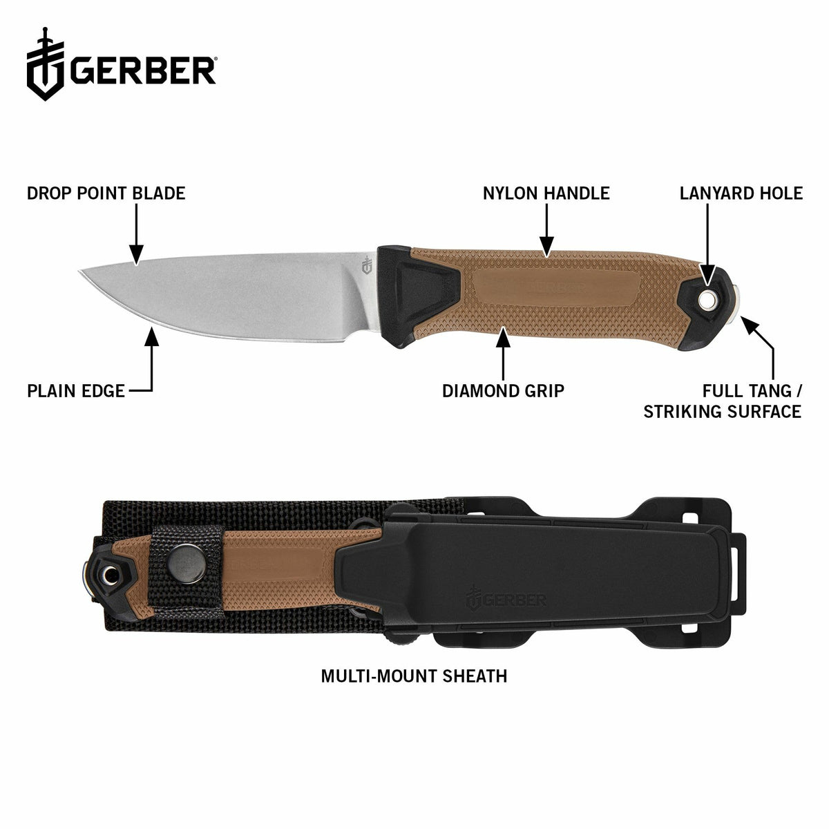 Gerber Gear StrongArm - Fixed Blade, Full Tang Knife - Camping Knife with Multiple Carry Options - Made in USA - Black, Serrated Edge